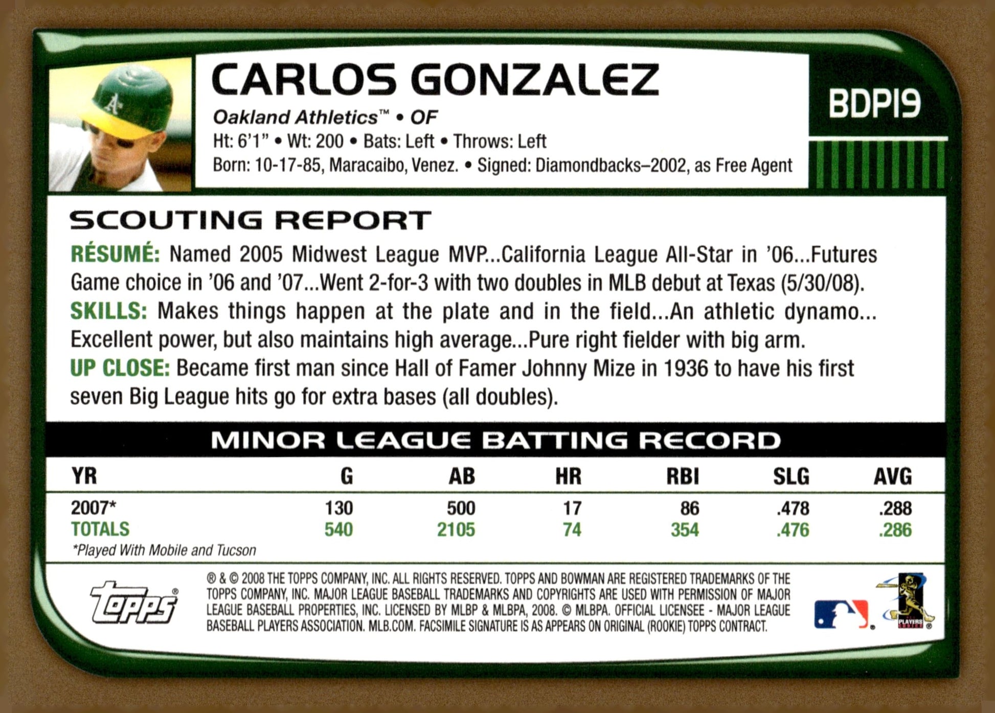 Carlos Gonzalez 2008 Bowman Gold RC #BDP19 - Collector Store LLC