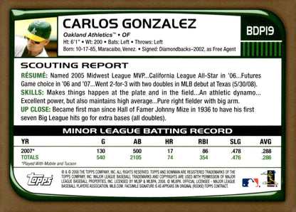 Carlos Gonzalez 2008 Bowman Gold RC #BDP19 - Collector Store LLC