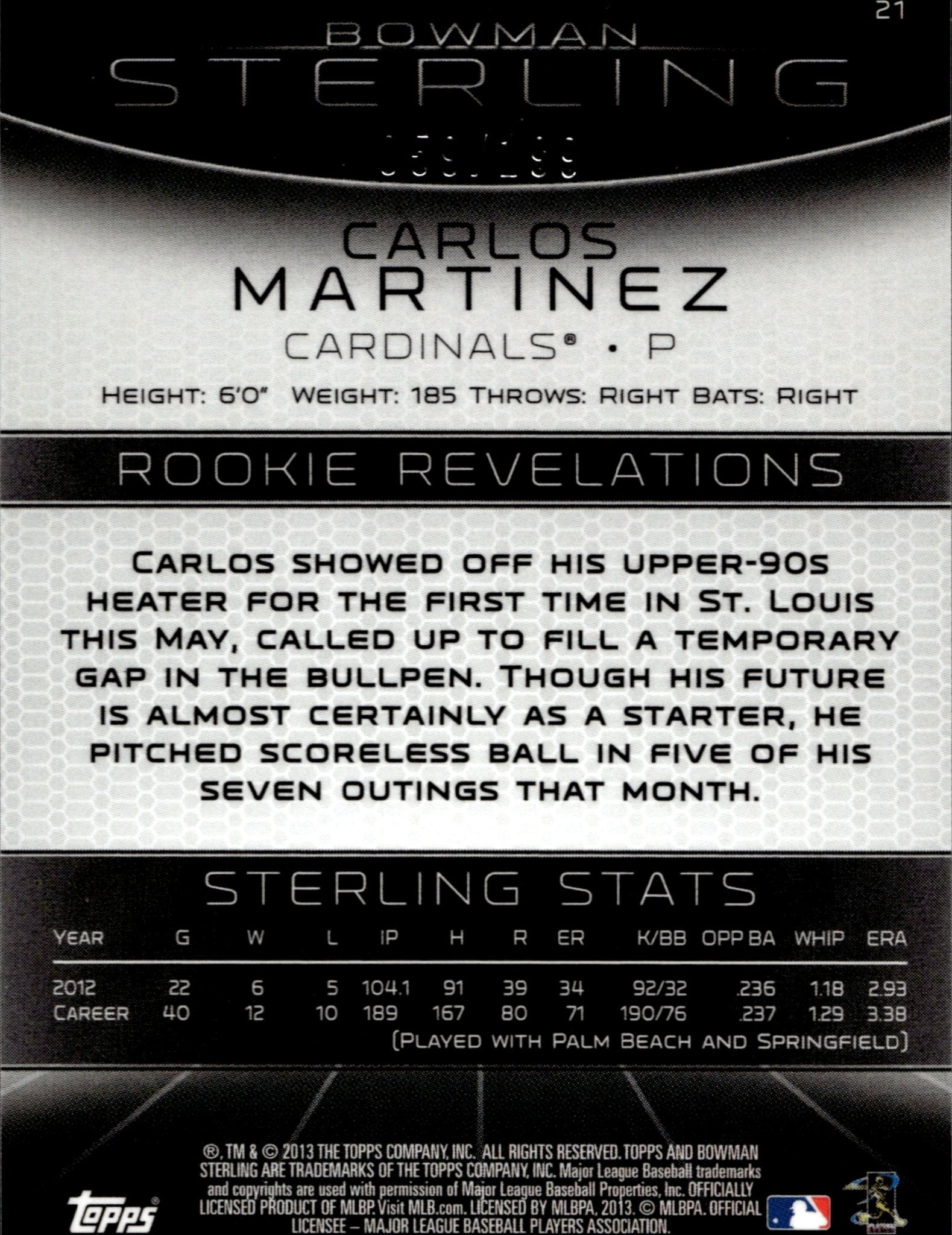 Carlos Martinez 2013 Bowman Sterling Refractor RC 059/199 21 - Collector Store LLC