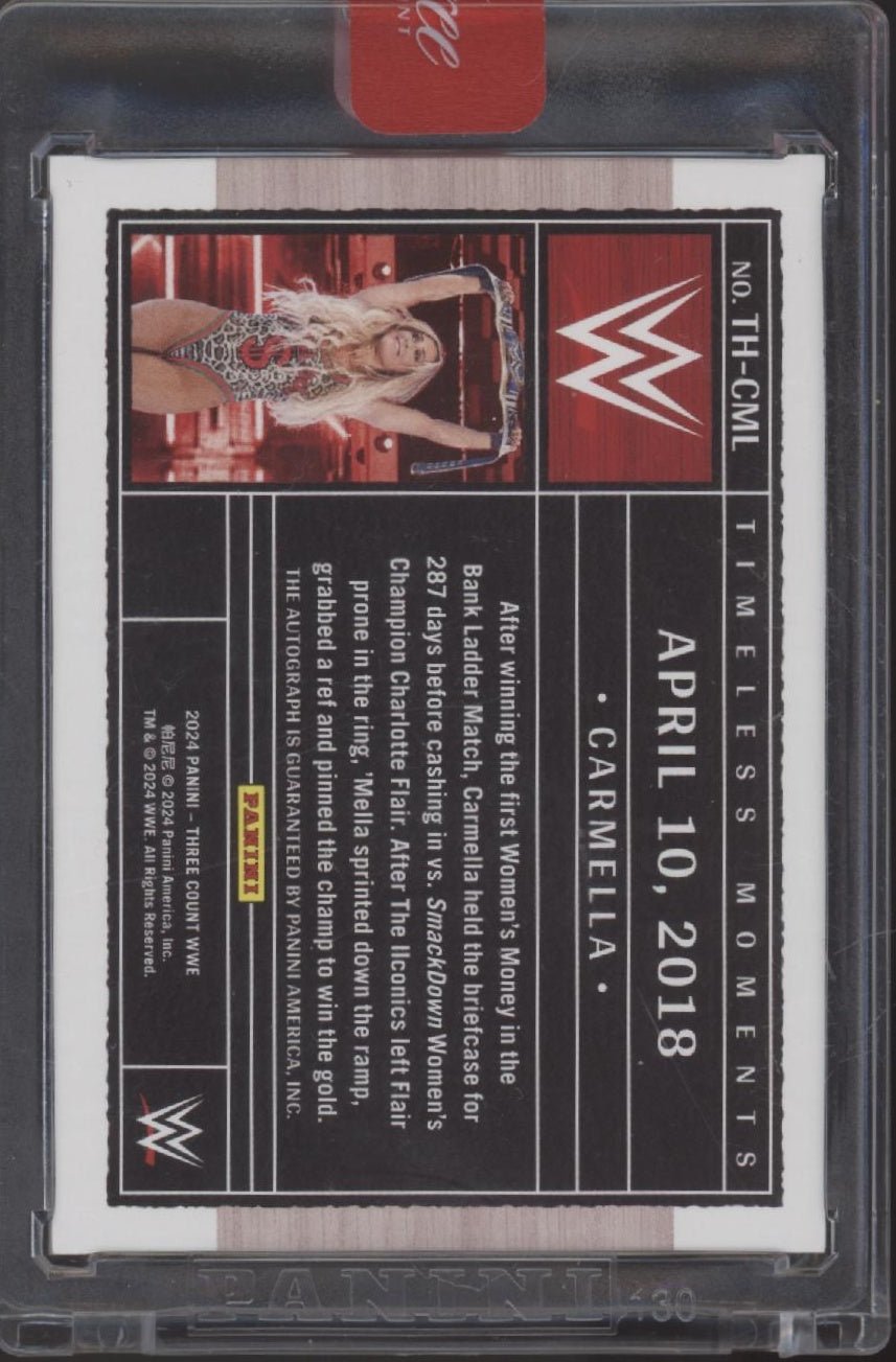 Carmella 2024 Panini Three Count Timeless Moments Purple Auto 07/25 #TH - CML - Collector Store LLC