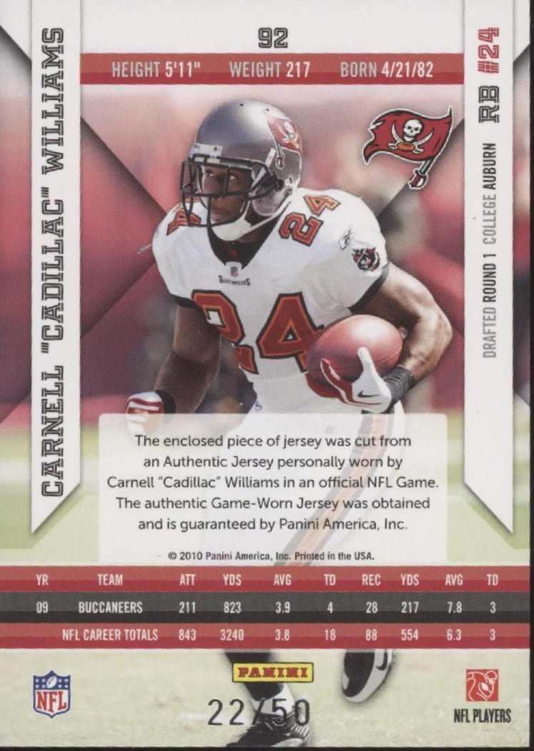Carnell Williams 2010 Panini Prime Epix 22/50 #92 - Collector Store LLC