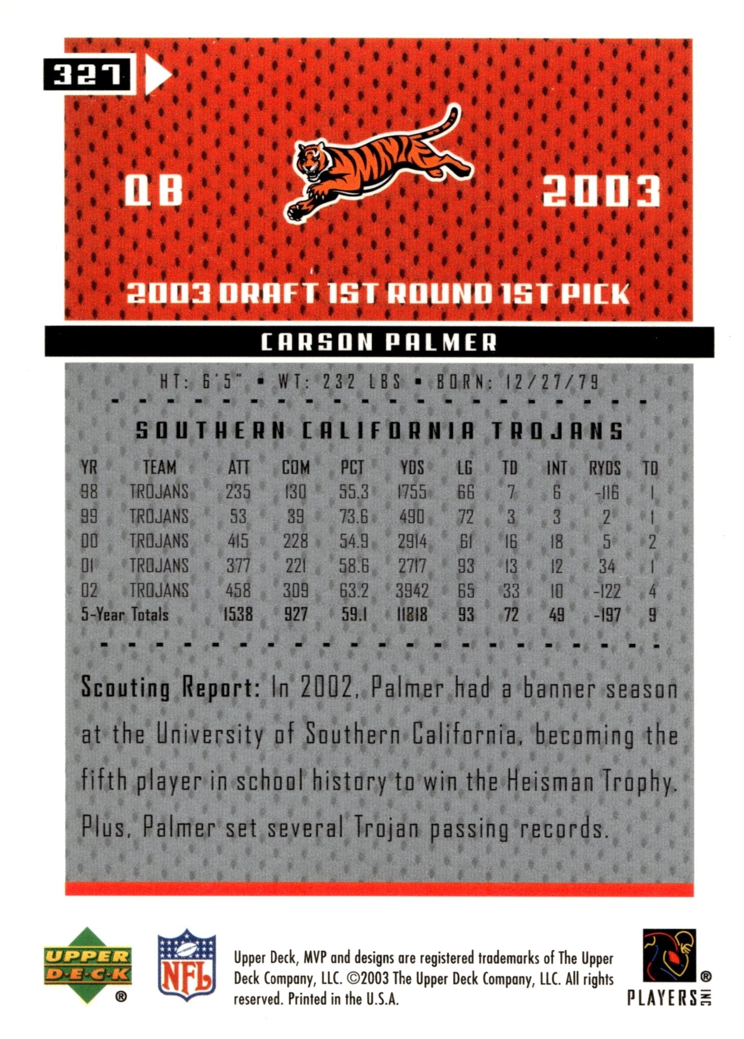 Carson Palmer 2003 Upper Deck MVP RC #327 - Collector Store LLC