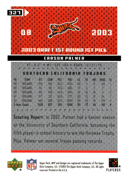 Carson Palmer 2003 Upper Deck MVP RC #327 - Collector Store LLC