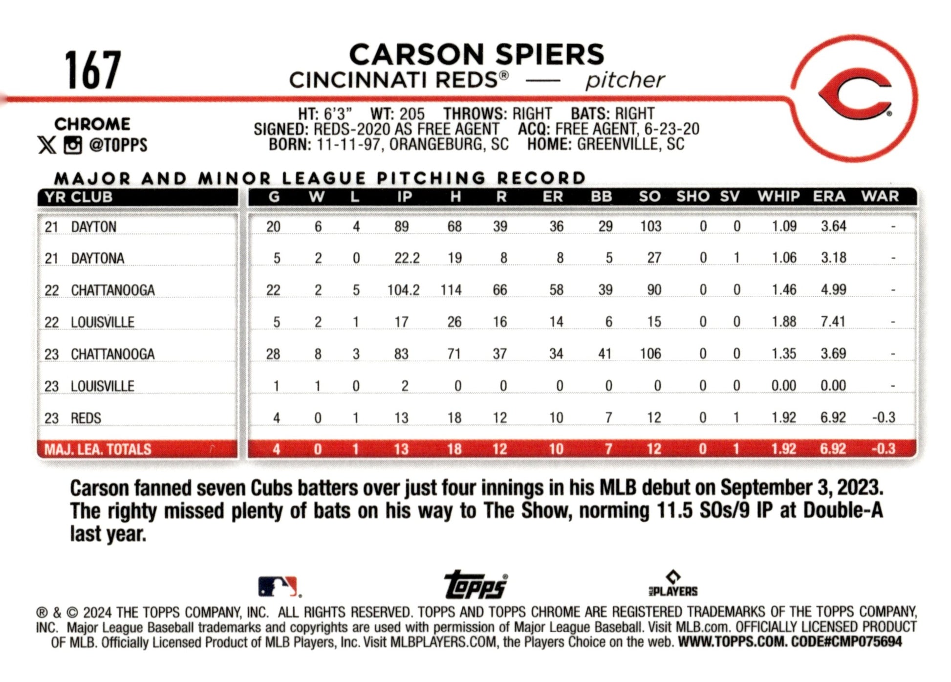 Carson Spiers 2024 Topps Chrome Sepia Refractor RC 167 - Collector Store LLC