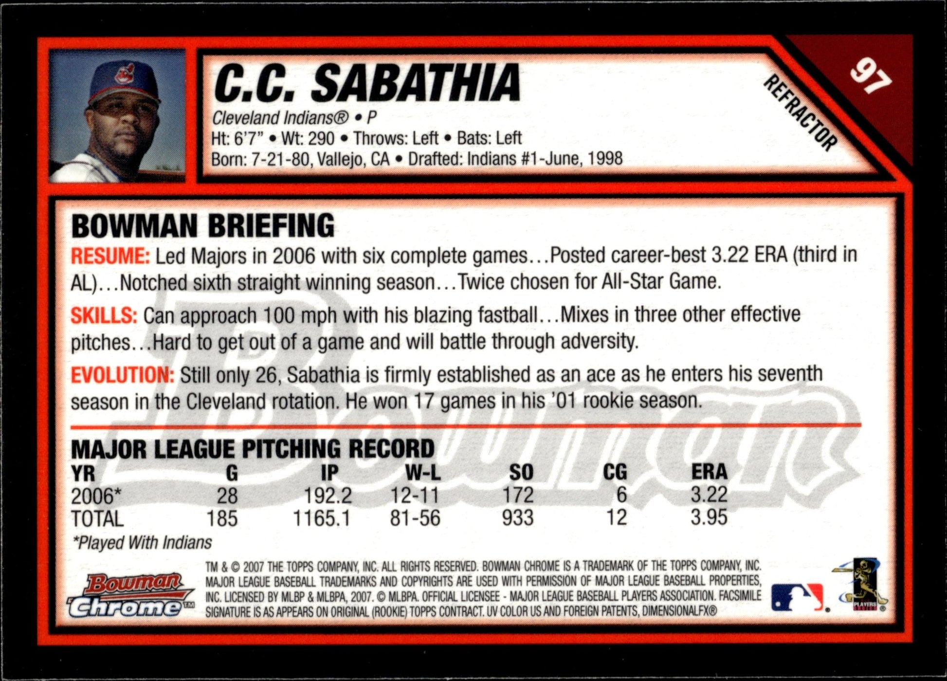 CC Sabathia 2007 Bowman Chrome Refractor 97 - Collector Store LLC