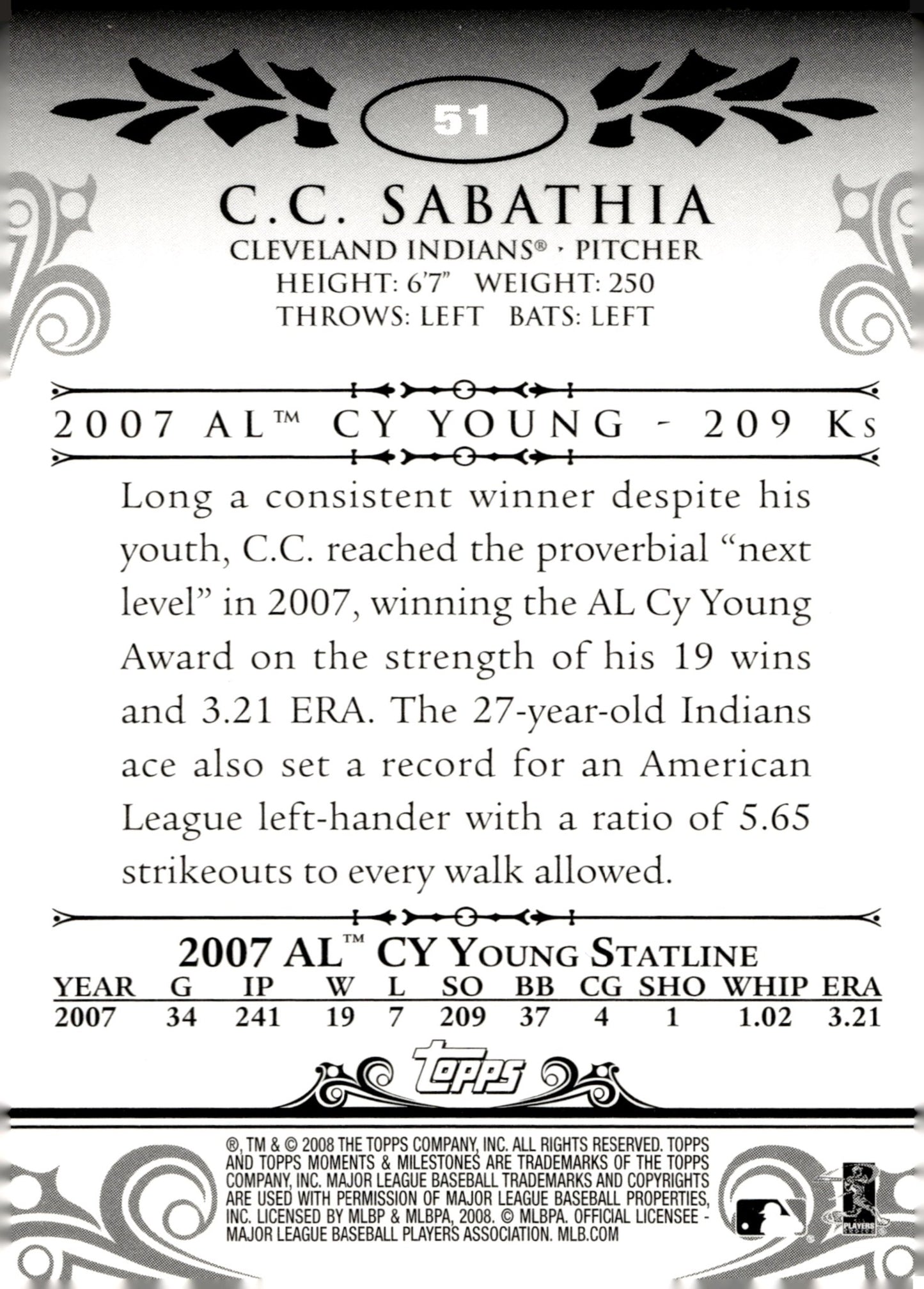 CC Sabathia 2008 Topps Moments & Milestones 74 Strikeouts 045/150 51 - Collector Store LLC