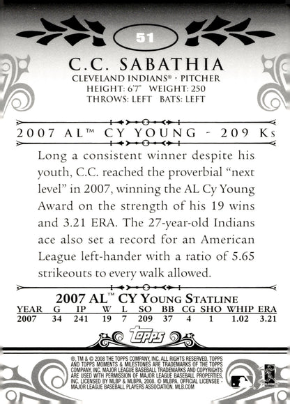 CC Sabathia 2008 Topps Moments & Milestones 74 Strikeouts 045/150 51 - Collector Store LLC
