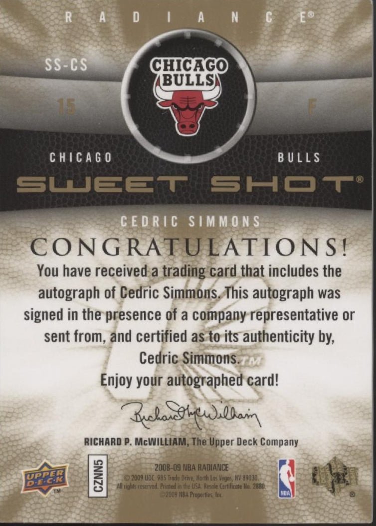 Cedric Simmons 2008 - 09 Upper Deck Radiance Sweet Shot Relic Auto #SS - CS - Collector Store LLC