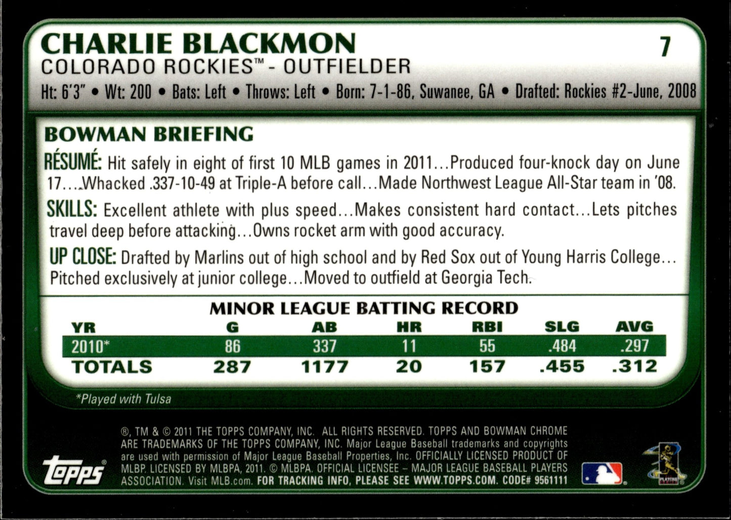 Charlie Blackmon 2011 Bowman Chrome RC #7 - Collector Store LLC