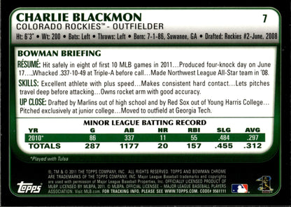 Charlie Blackmon 2011 Bowman Chrome RC #7 - Collector Store LLC