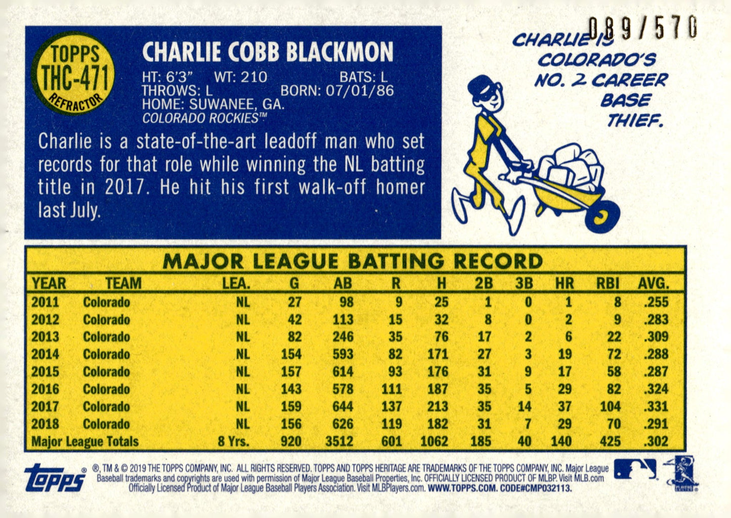 Charlie Blackmon 2019 Topps Chrome Heritage Refractor 089/570 THC - 471 - Collector Store LLC
