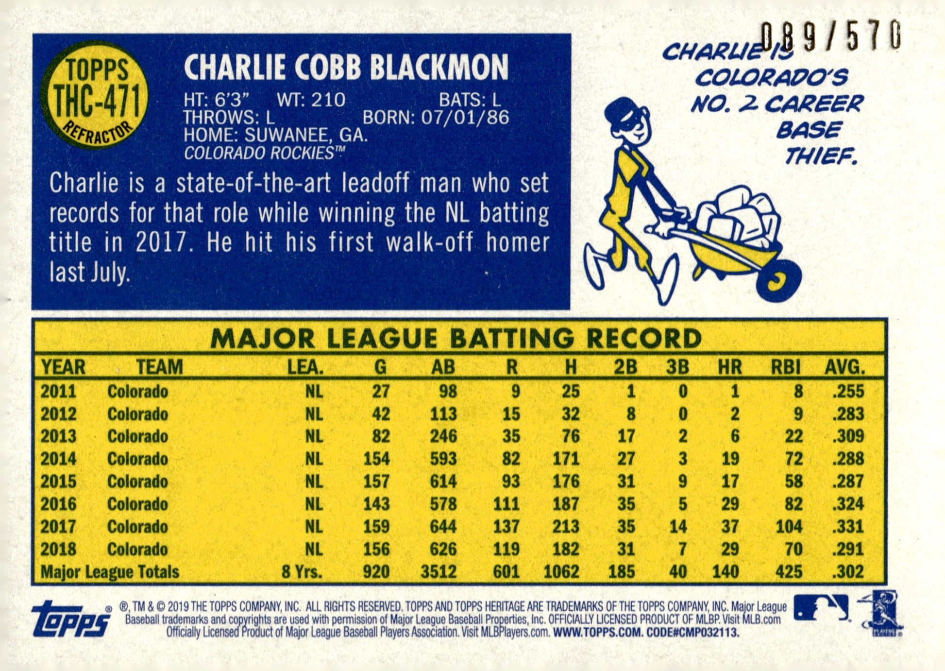 Charlie Blackmon 2019 Topps Chrome Heritage Refractor 089/570 THC - 471 - Collector Store LLC