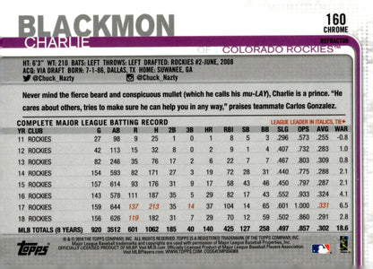 Charlie Blackmon 2019 Topps Chrome Sepia Refractor #160 - Collector Store LLC