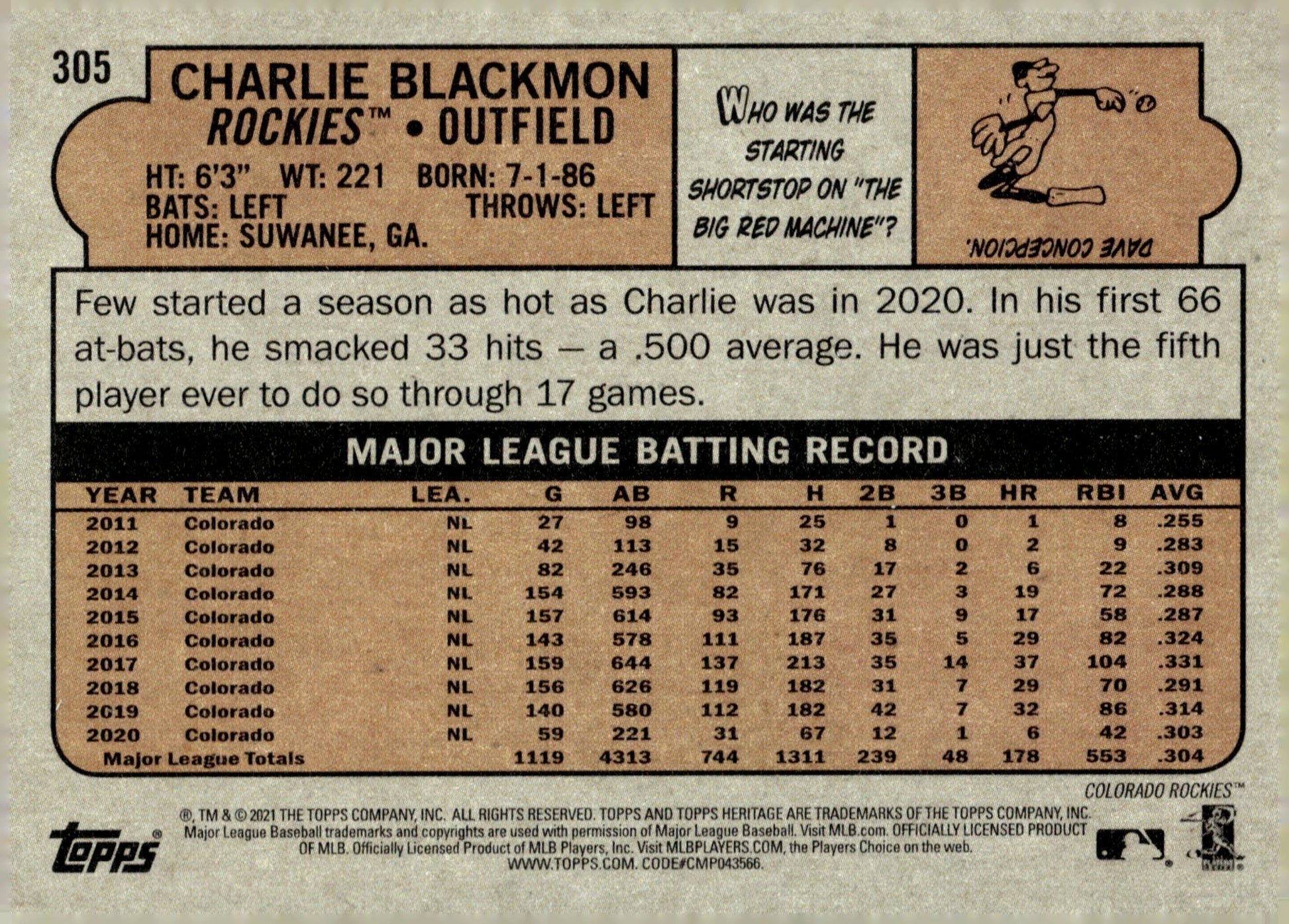 Charlie Blackmon 2021 Topps Chrome Heritage Purple Refractor 305 - Collector Store LLC