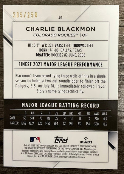 Charlie Blackmon 2022 Topps Finest Purple Refractor 205/250 #51 - Collector Store LLC