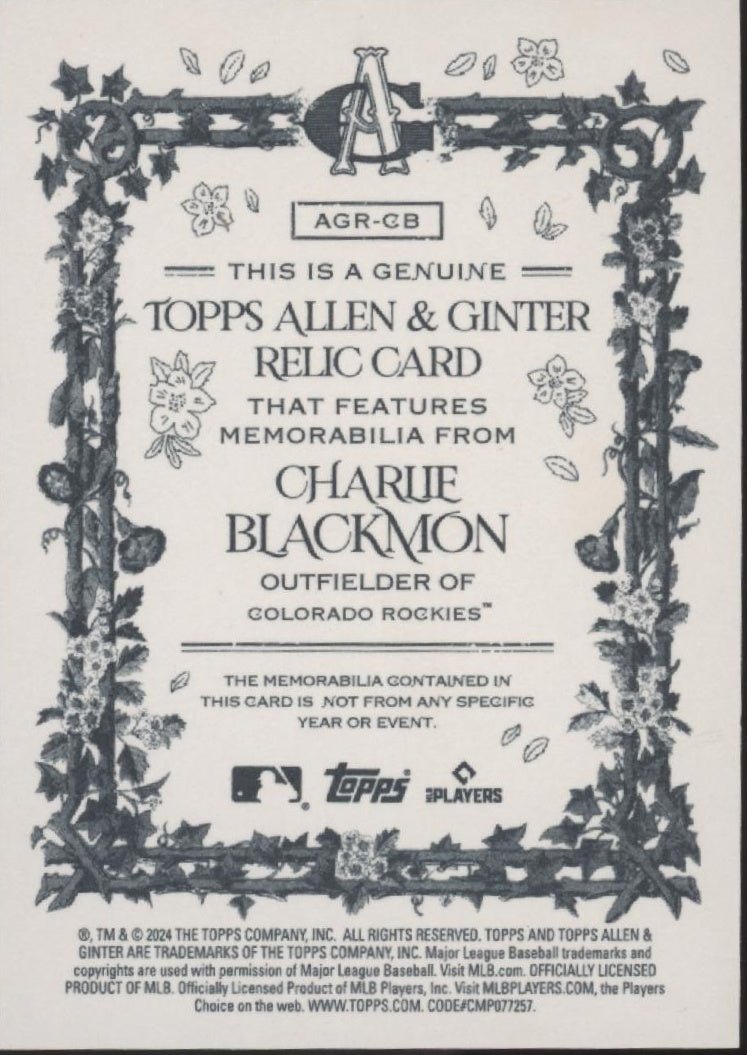 Charlie Blackmon 2024 Allen & Ginter Swatch AGR - CB - Collector Store LLC