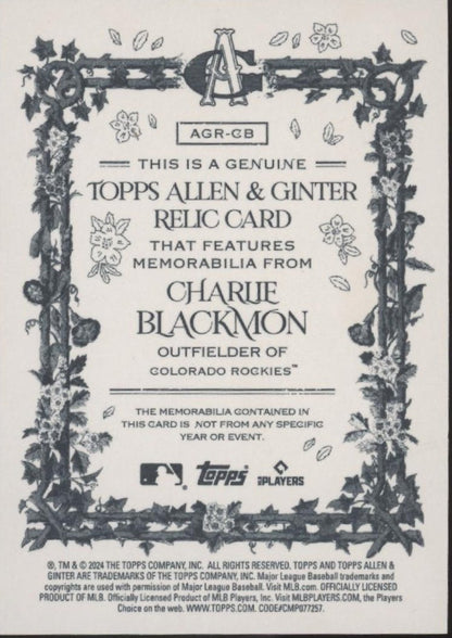 Charlie Blackmon 2024 Allen & Ginter Swatch AGR - CB - Collector Store LLC