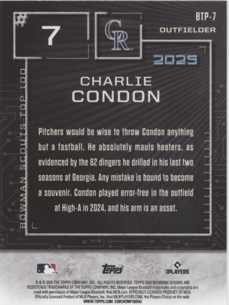 Charlie Condon 2025 Bowman Chrome Top 100 Refractor BTP - 7 - Collector Store LLC