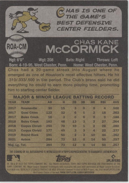 Chas McCormick 2022 Topps Heritage RC Auto 71/73 #ROA - CM - Collector Store LLC