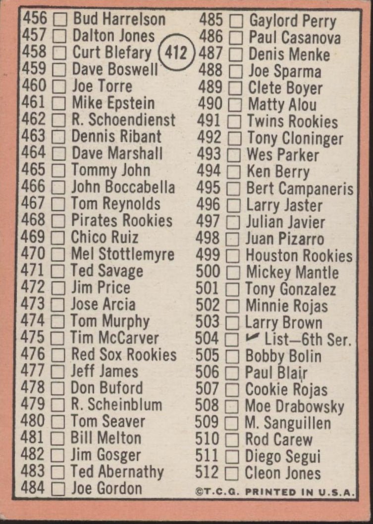Checklist 1969 Topps Baseball 5th Series #412 VG - Collector Store LLC