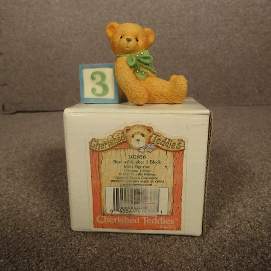 Cherished Teddies: Bear With Number "3" Block Mini Figurine - Collector Store LLC