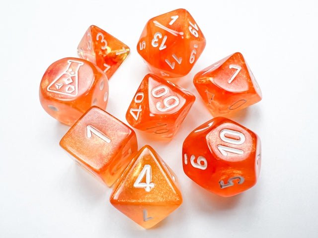 Chessex: Borealis BloodOrange/White Polyhedral 7 - Dice Set (with Bonus Dice) - Collector Store LLC