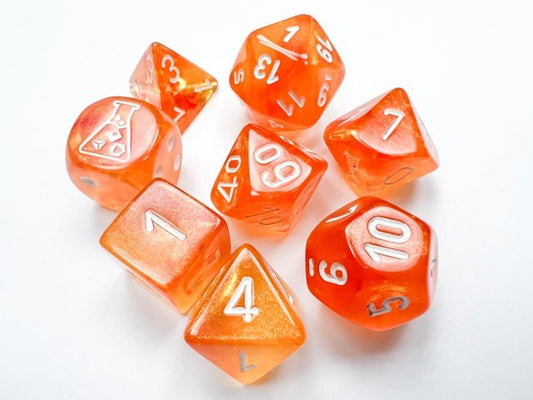 Chessex: Borealis BloodOrange/White Polyhedral 7 - Dice Set (with Bonus Dice) - Collector Store LLC