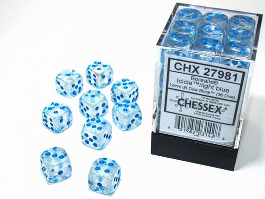 Chessex: Borealis Icicle/LightBlue 12mm d6 Dice Block (36 Dice) - Collector Store LLC