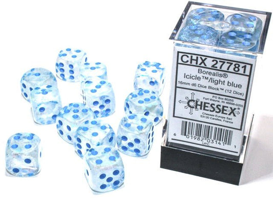 Chessex: Borealis Icicle/LightBlue 16mm d6 Dice Block (12 Dice) - Collector Store LLC