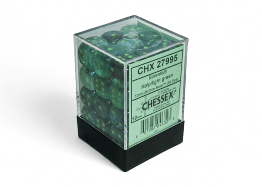 Chessex: Borealis Kelp/LightGreen 12mm d6 Dice Block (36 Dice) - Collector Store LLC