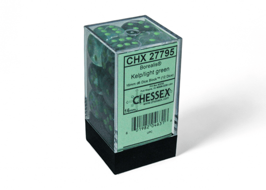 Chessex: Borealis Kelp/LightGreen 16mm d6 Dice Block (12 Dice) - Collector Store LLC