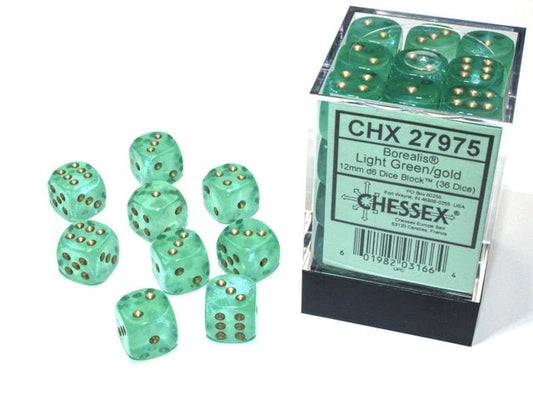 Chessex: Borealis LightGreen/Gold 12mm d6 Dice Block (36 Dice) - Collector Store LLC