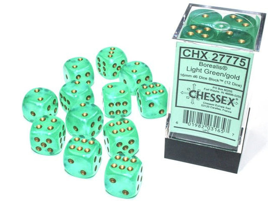 Chessex: Borealis LightGreen/Gold 16mm d6 Dice Block (12 Dice) - Collector Store LLC