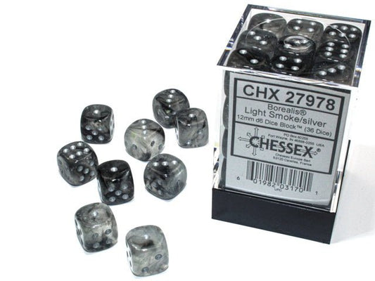 Chessex: Borealis LightSmoke/Silver 12mm d6 Dice Block (36 Dice) - Collector Store LLC