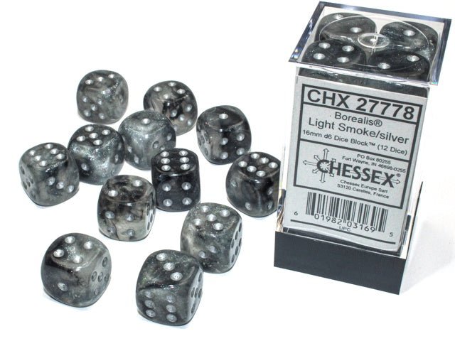 Chessex: Borealis LightSmoke/Silver 16mm d6 Dice Block (12 Dice) - Collector Store LLC