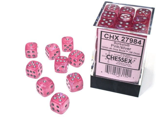 Chessex: Borealis Pink/Silver 12mm d6 Dice Block (36 Dice) - Collector Store LLC