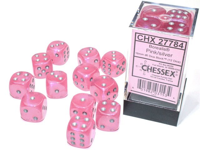 Chessex: Borealis Pink/Silver 16mm d6 Dice Block (12 Dice) - Collector Store LLC