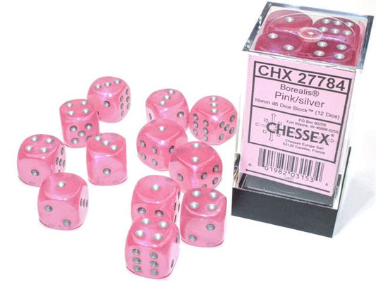 Chessex: Borealis Pink/Silver 16mm d6 Dice Block (12 Dice) - Collector Store LLC