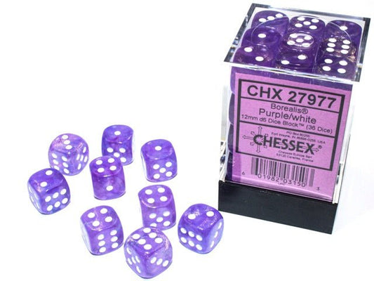 Chessex: Borealis Purple/White 12mm d6 Dice Block (36 Dice) - Collector Store LLC