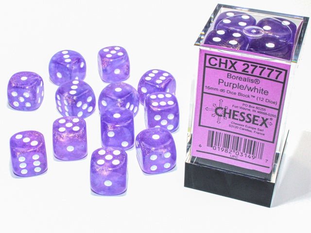 Chessex: Borealis Purple/White 16mm d6 Dice Block (12 Dice) - Collector Store LLC