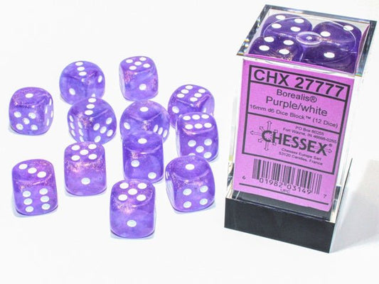 Chessex: Borealis Purple/White 16mm d6 Dice Block (12 Dice) - Collector Store LLC