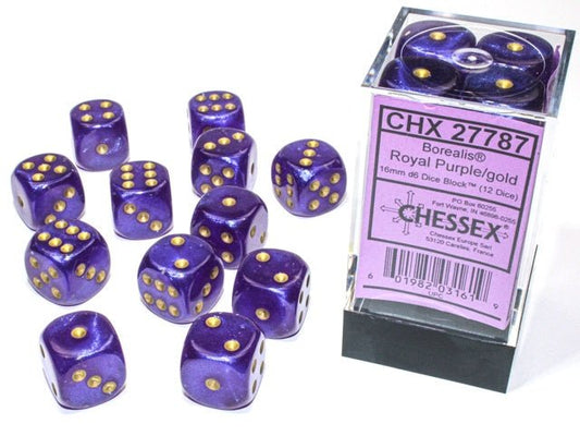 Chessex: Borealis RoyalPurple/Gold 16mm d6 Dice Block (12 Dice) - Collector Store LLC