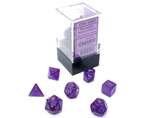 Chessex: Borealis RoyalPurple/Gold MINI Polyhedral 7 - Dice Set - Collector Store LLC