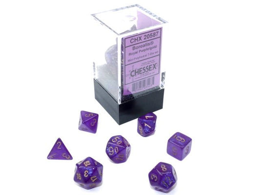Chessex: Borealis RoyalPurple/Gold MINI Polyhedral 7 - Dice Set - Collector Store LLC