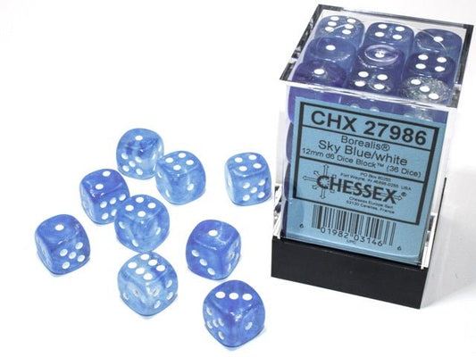 Chessex: Borealis SkyBlue/White 12mm d6 Dice Block (36 Dice) - Collector Store LLC