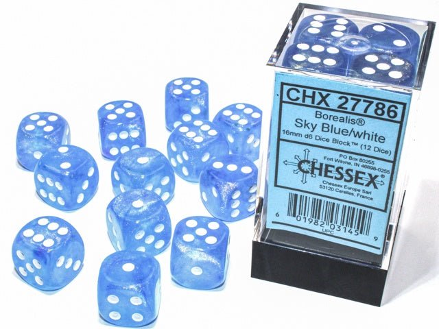 Chessex: Borealis SkyBlue/White 16mm d6 Dice Block (12 Dice) - Collector Store LLC