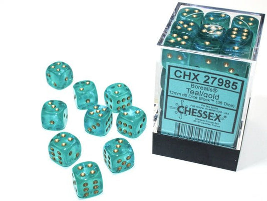 Chessex: Borealis Teal/Gold 12mm d6 Dice Block (36 Dice) - Collector Store LLC