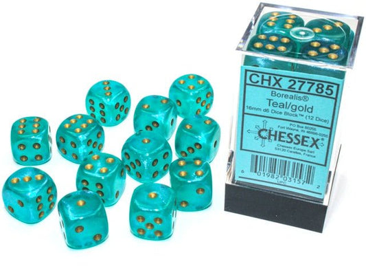 Chessex: Borealis Teal/Gold 16mm d6 Dice Block (12 Dice) - Collector Store LLC