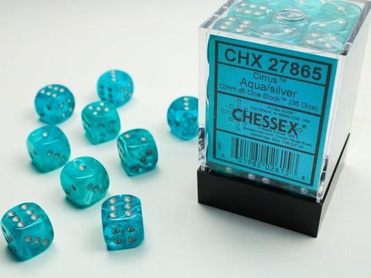 Chessex: Cirrus Aqua/Silver 12mm d6 Dice Block (36 Dice) - Collector Store LLC