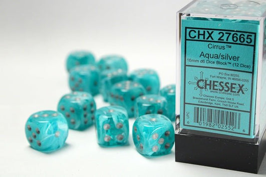 Chessex: Cirrus Aqua/Silver 16mm d6 Dice Block (12 Dice) - Collector Store LLC